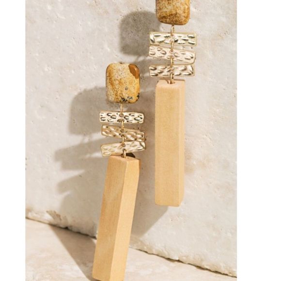 Natural Stone Wood Bar Post Dangle Earrings - Picture 1 of 3